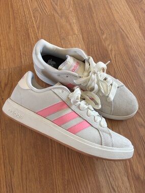 adidas Women's Cream Suede Sneakers with Pink Stripes